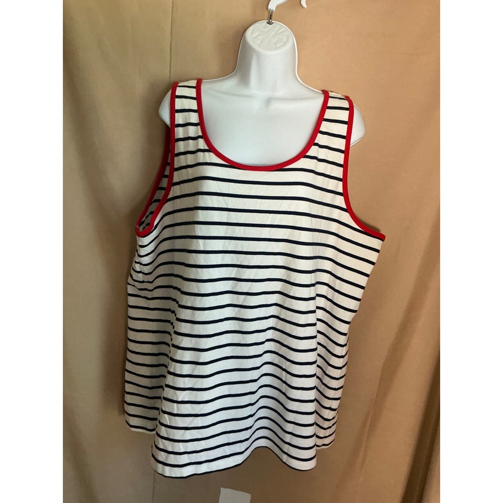 Lands End Tank Top Womens 2X White Navy Striped Excellent Red Trim Scoop Neck
